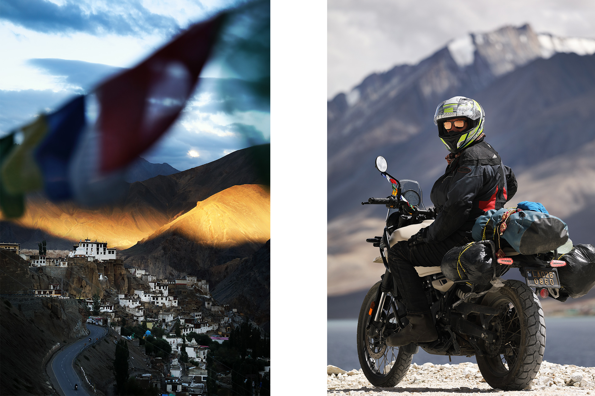 Ancient Buddhist monasteries of Ladakh perched dramatically on Himalayan cliffs under vast blue skies.