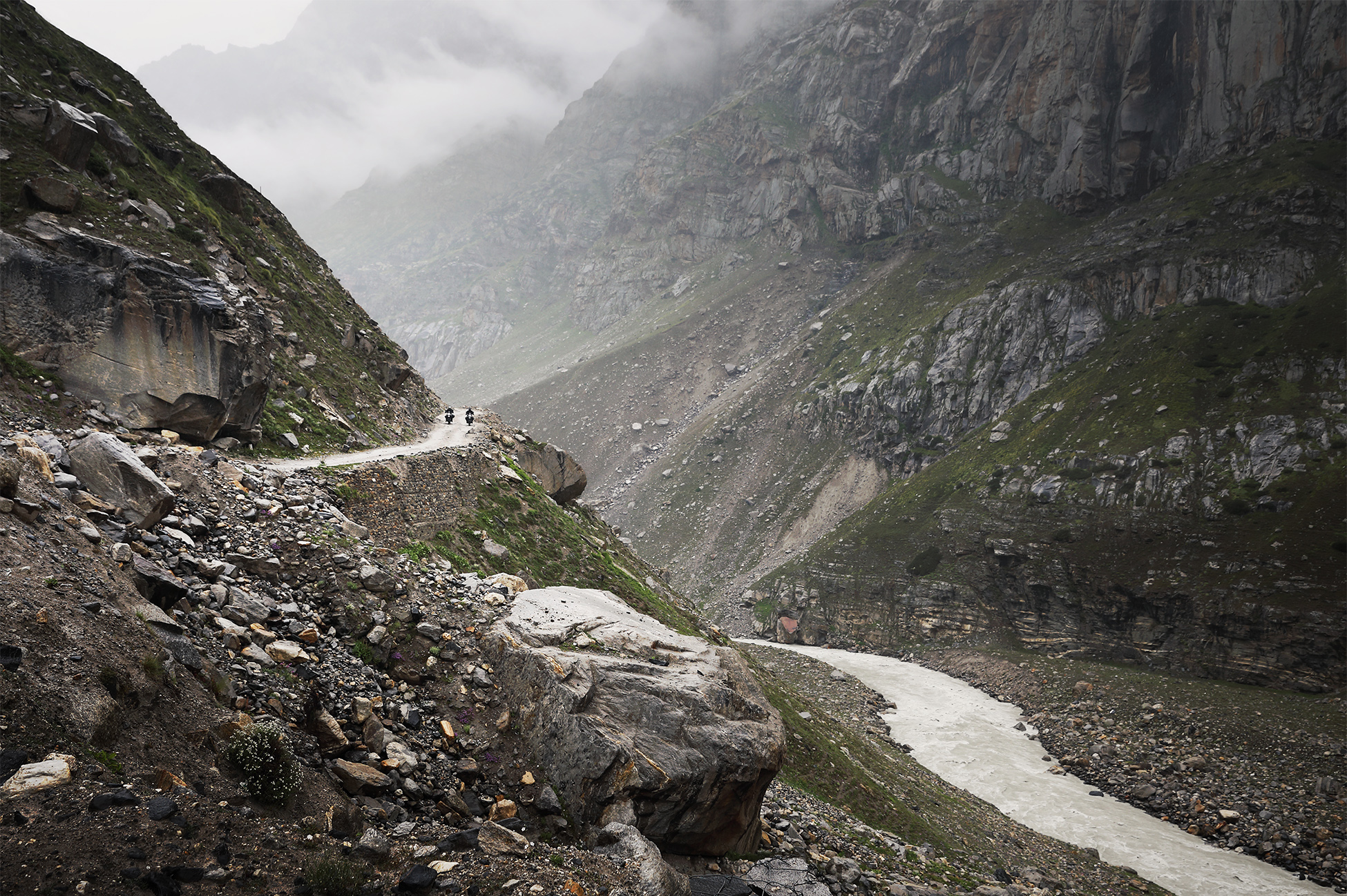 Motorbike adventure through the high-altitude mountain passes of Ladakh, India.