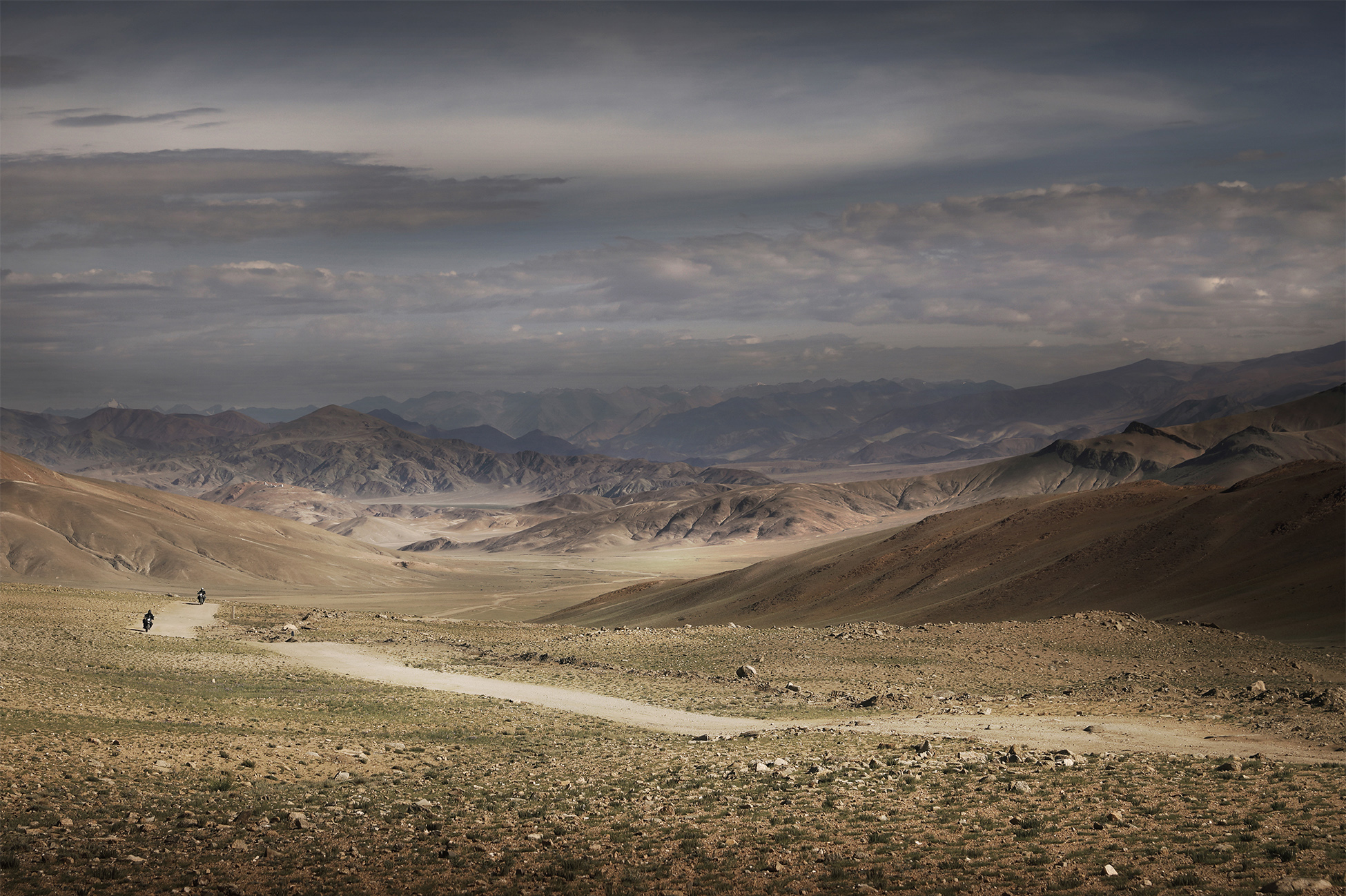 Motorbike adventure through the high-altitude mountain passes of Ladakh, India.
