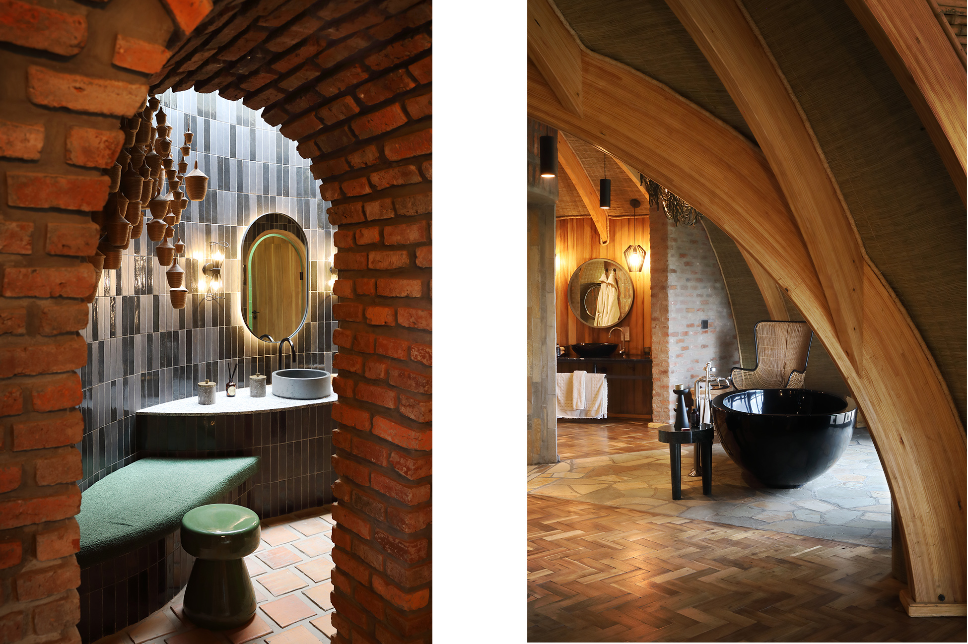 Mountain gorillas in lush rainforest with Wilderness Bisate Reserve villas set against the volcanic landscape of Volcanoes National Park, Rwanda.