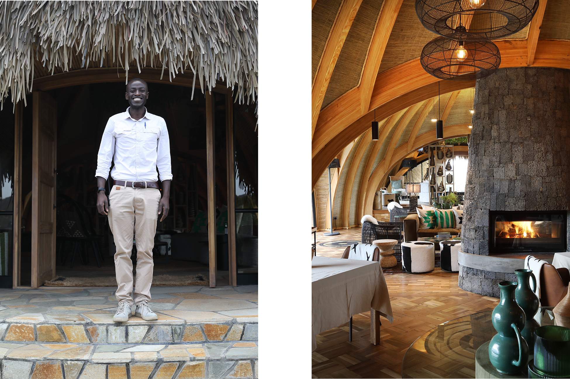 Mountain gorillas in lush rainforest with Wilderness Bisate Reserve villas set against the volcanic landscape of Volcanoes National Park, Rwanda.